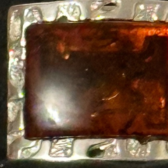 925 Sterling Silver Baltic Amber ring rectangular stone w/textured border & band - Picture 9 of 15